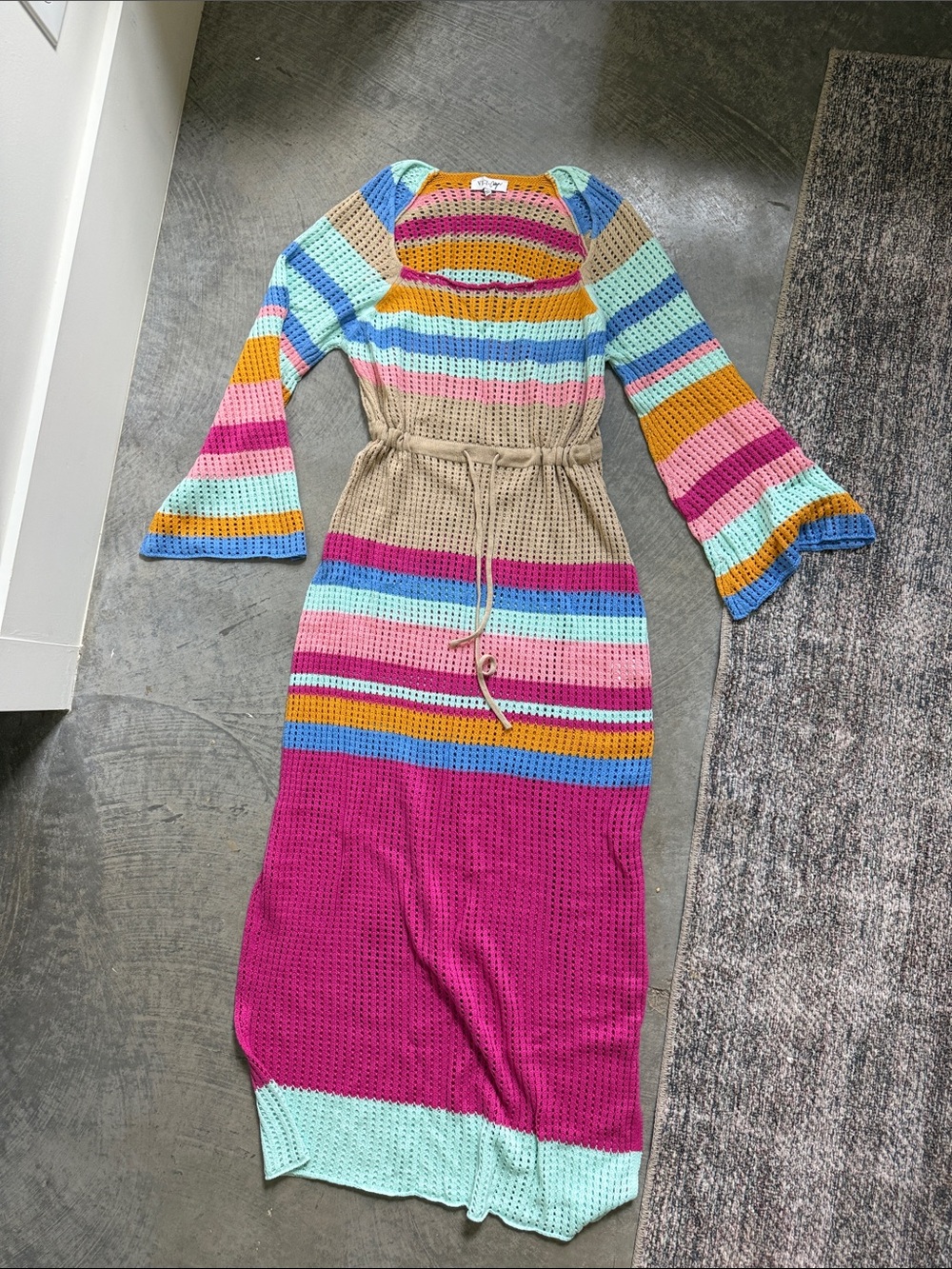 Vici Striped Crochet Maxi Dress in Pink, Mustard, Beige & Turquoise